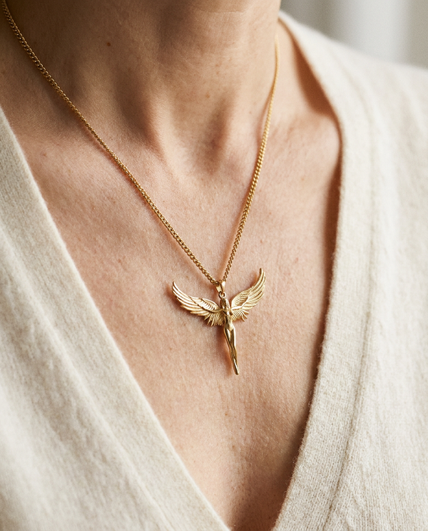 Auric Archangel Sentinel Pendant - worn close-up - unisex necklace by Bennett & Cross