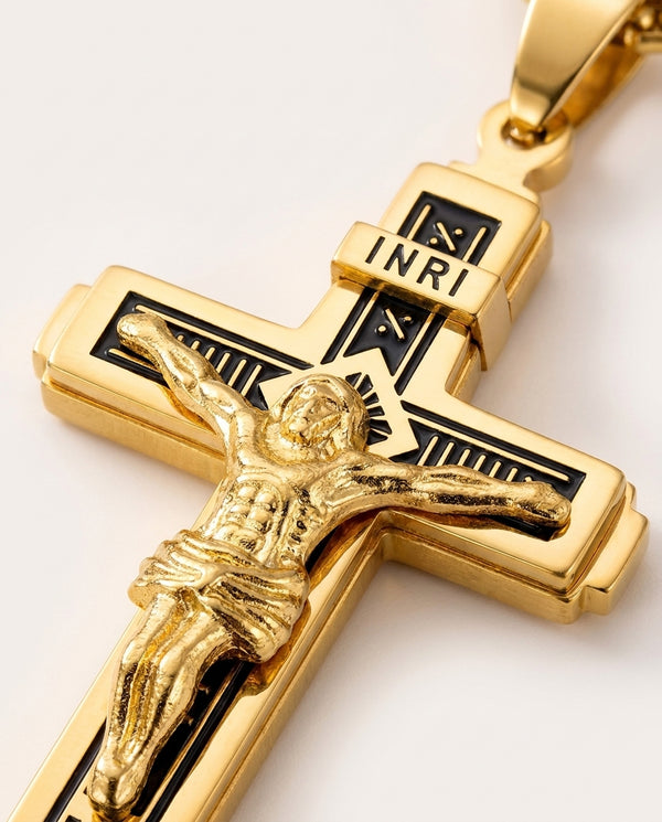 Auric Engraved Cross Medallion - engraved detail close-up - mens necklace by Bennett & Cross