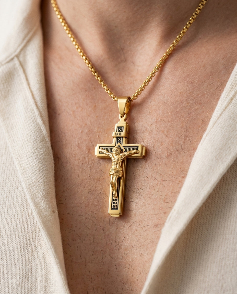 Auric Engraved Cross Medallion - worn close-up - mens necklace by Bennett & Cross