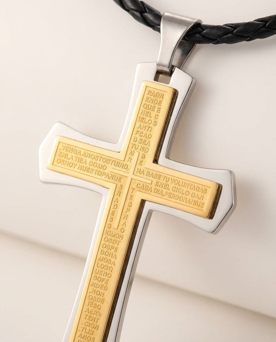 Auric Engraved Statement Cross - engraved detail close-up - mens necklace by Bennett & Cross
