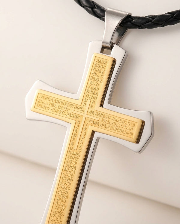 Auric Engraved Statement Cross - engraved detail close-up - mens necklace by Bennett & Cross