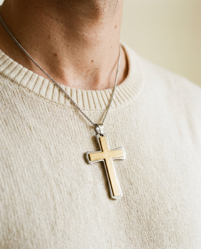 Auric Engraved Statement Cross - worn close-up - mens necklace by Bennett & Cross