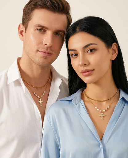 Auric Pearl Devotion Layers - worn by model - unisex necklace by Bennett & Cross