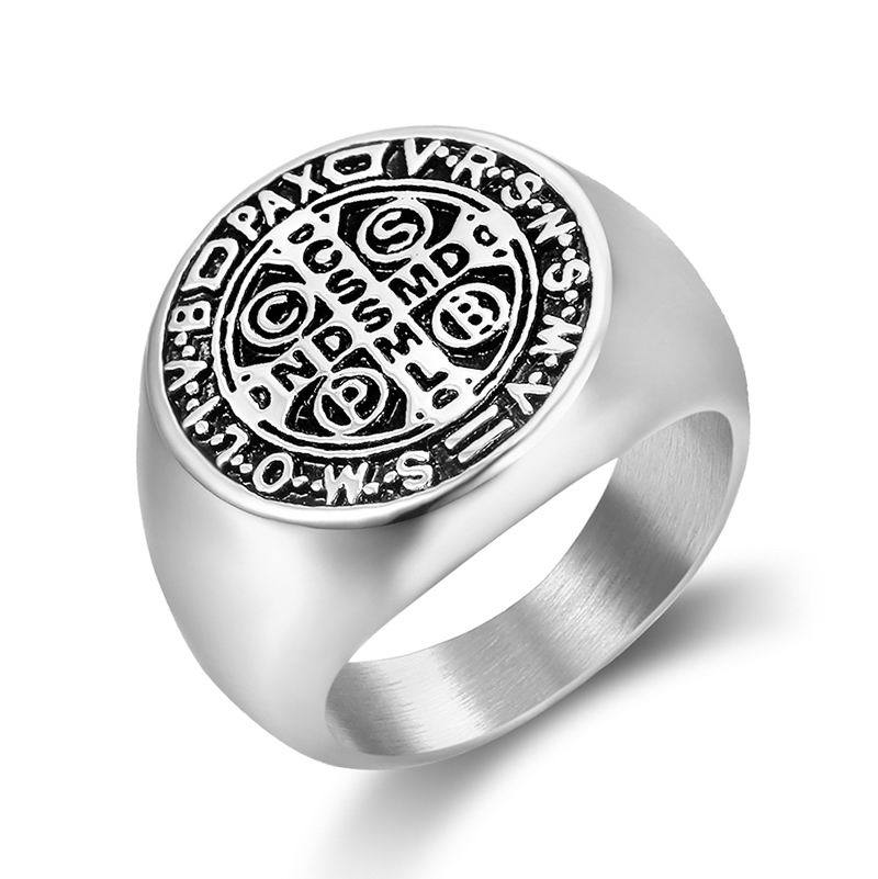 The Sacred Signet Men's Stainless Steel Saint Benedict Ring view 3