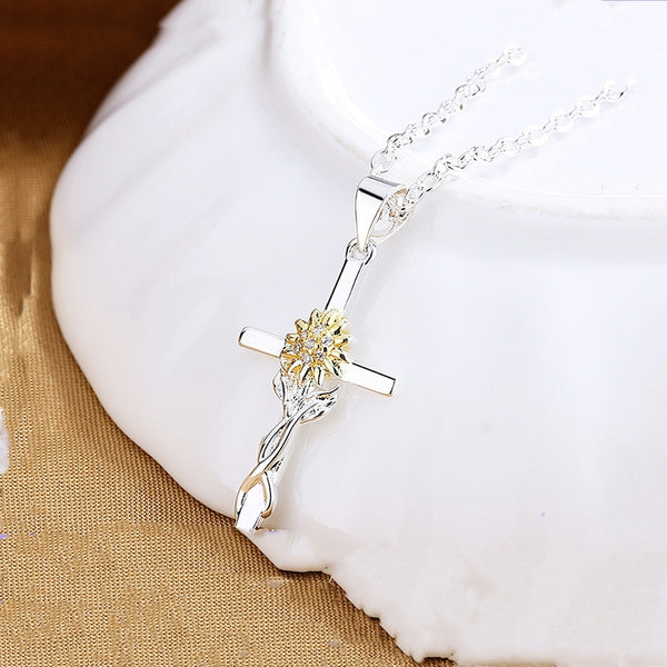 The Blooming Grace - Gold & Silver Sunflower Cross Necklace