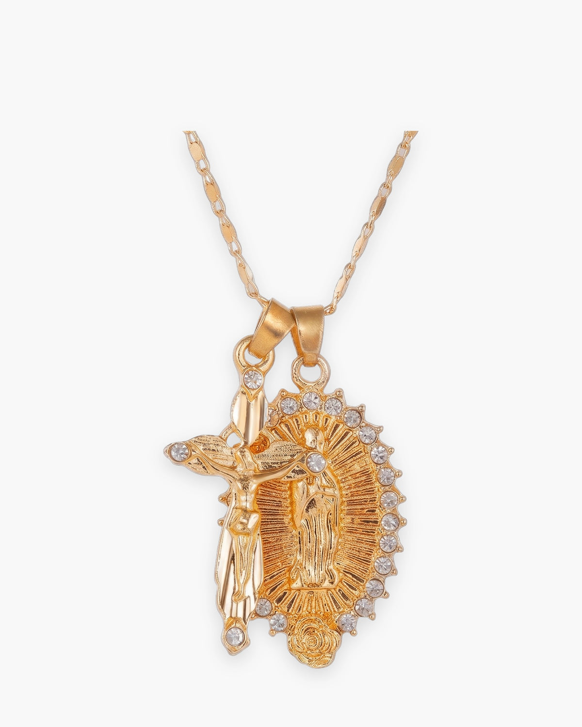 The Guadalupe Crucifix, gold crucifix and Virgin of Guadalupe medal on one chain, front view [c:gold]