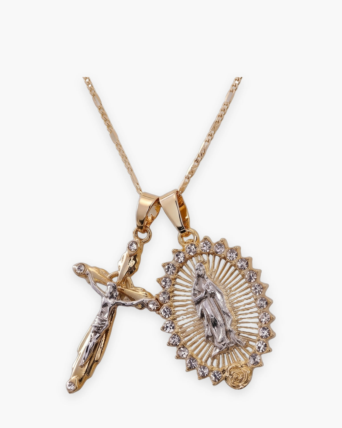 The Guadalupe Crucifix, two-tone crucifix and Virgin of Guadalupe medal with silver figures, front view [c:silver]