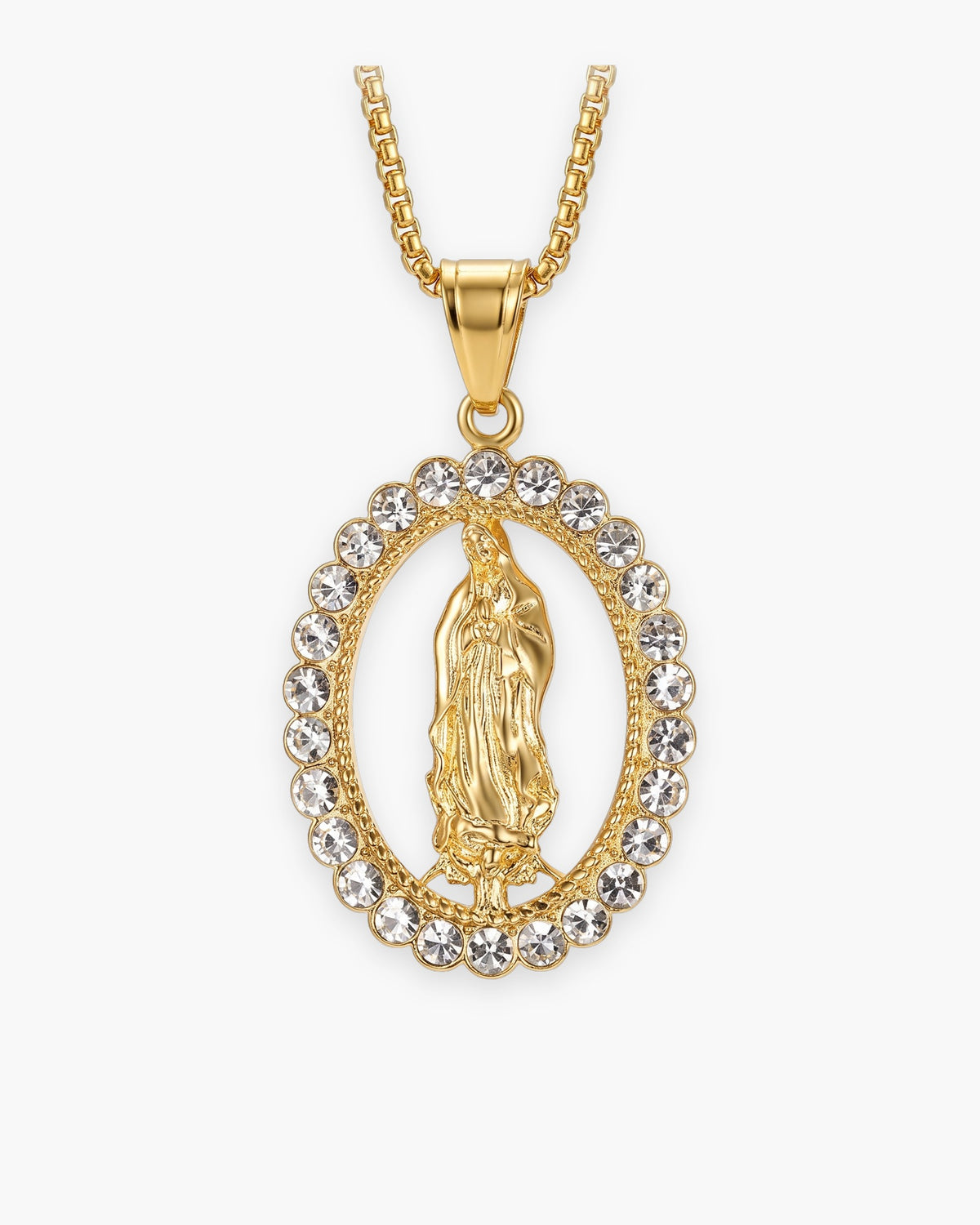 The Marian Radiance, small gold Virgin of Guadalupe pendant in a rhinestone oval frame, 25 x 45 mm, front view [c:small-25-x-45-mm]