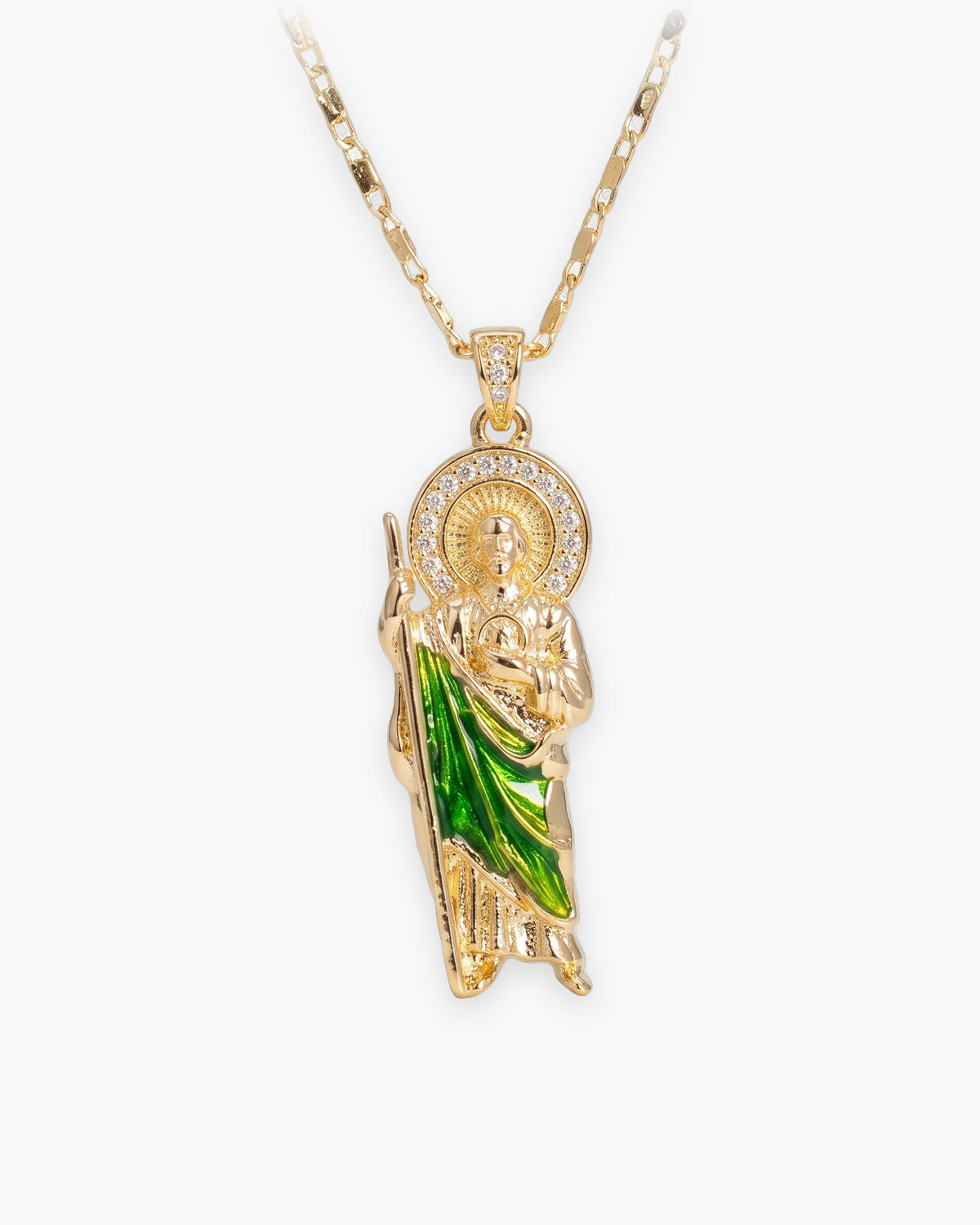 The Saint Jude Necklace, gold tone Saint Jude Thaddeus pendant with green enamel robe and stone halo, front view