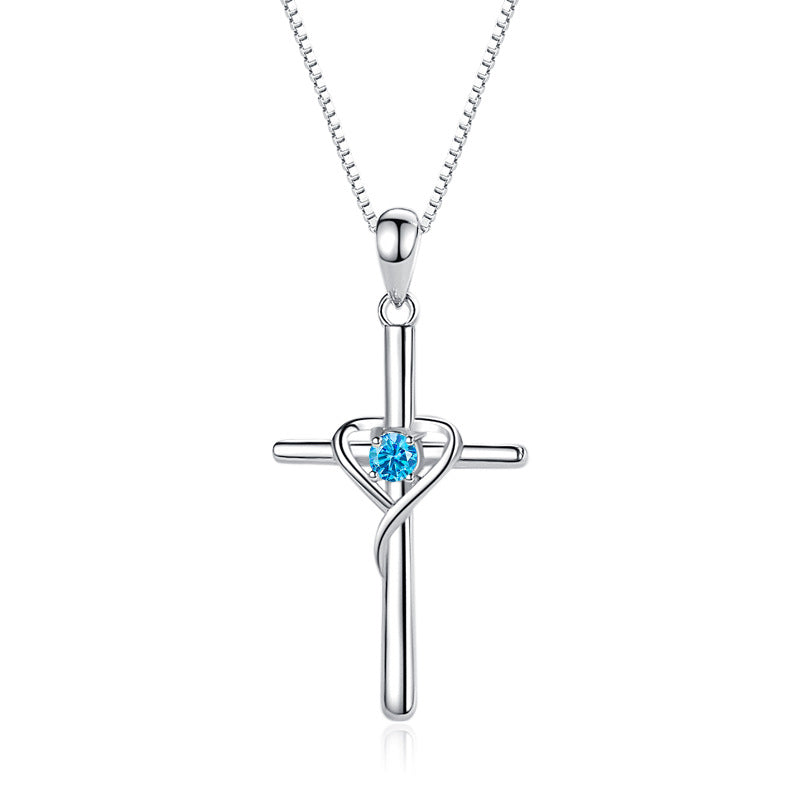 The Azure Heart Cross Sterling Silver Cross Blue Gem Necklace view 2