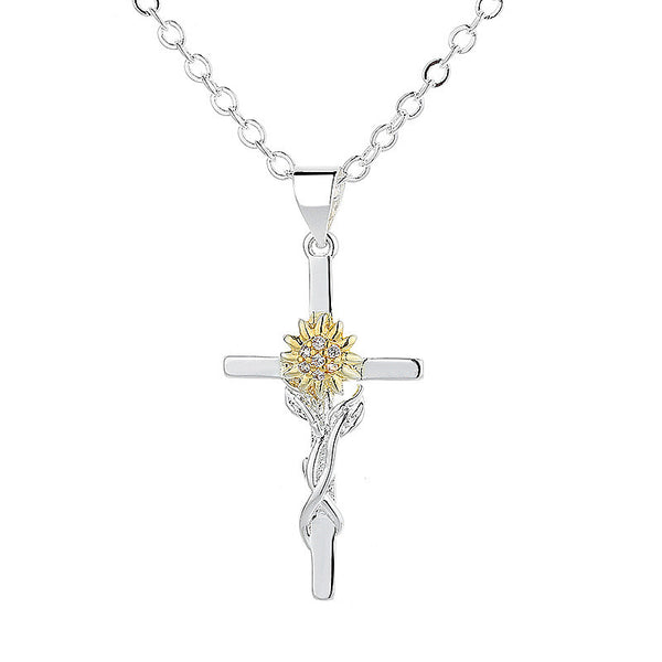 The Blooming Grace - Gold & Silver Sunflower Cross Necklace