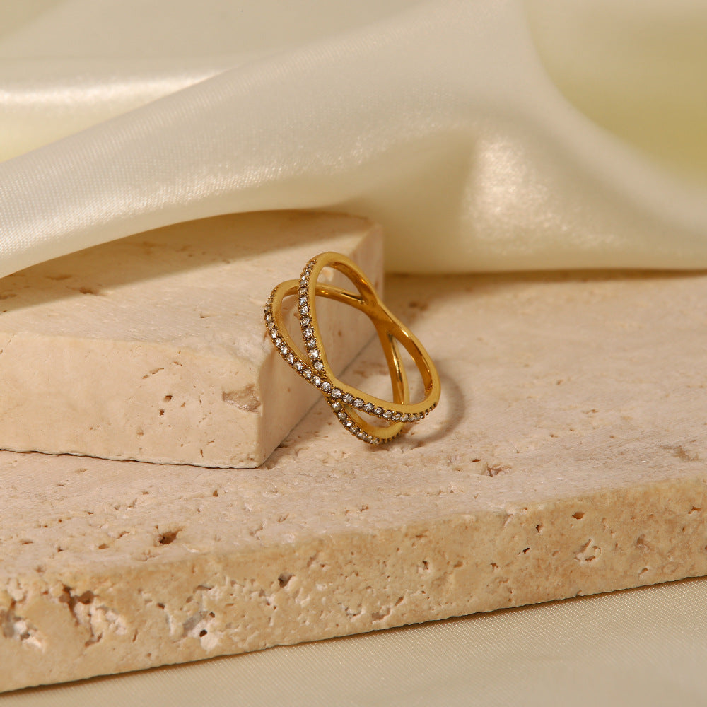 The Intertwined Light Stainless Steel Crystal Criss-Cross Ring view 7
