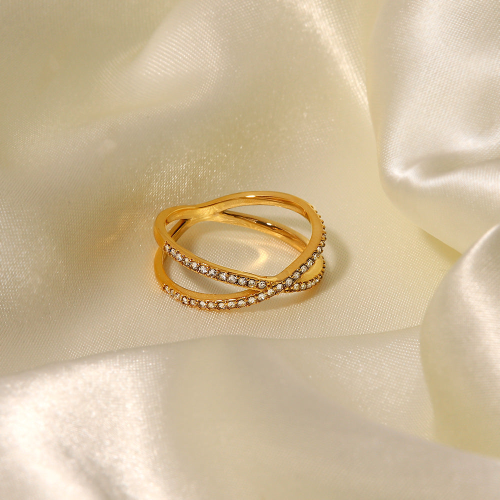 The Intertwined Light Stainless Steel Crystal Criss-Cross Ring view 6