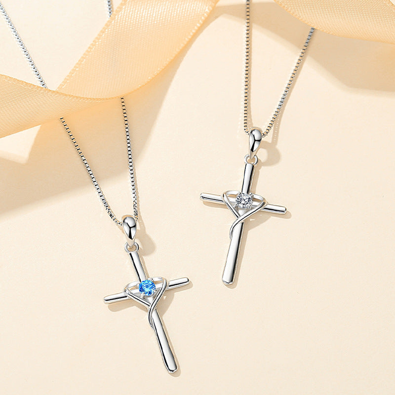 The Azure Heart Cross Sterling Silver Cross Blue Gem Necklace view 4