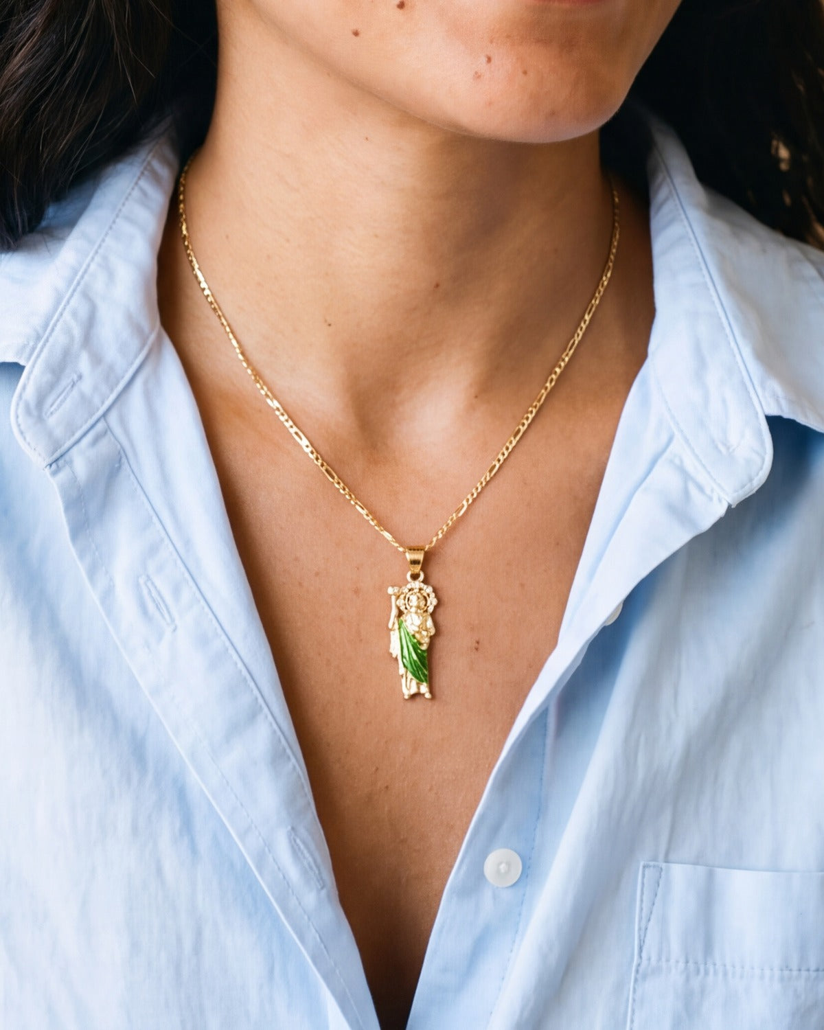 The Saint Jude Necklace worn by a woman, close-up from chin to chest, Medium size, true to size