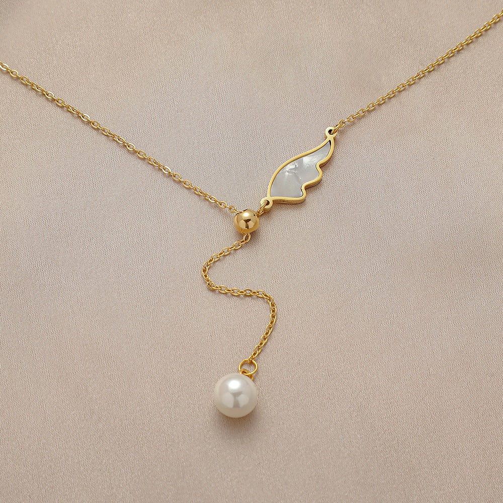The Angelic Pearl Stainless Steel Angel Wing Pearl Necklace view 3