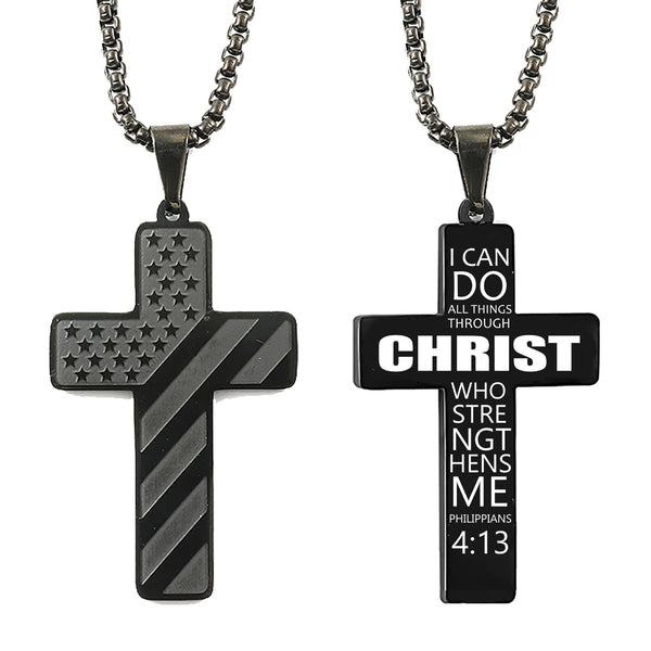 The Patriotic Scripture Cross Stainless Steel Cross Flag Necklace view 2