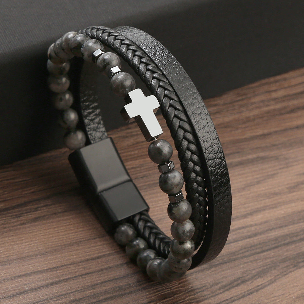 The Faithful Strands Men's natural stone cross bracelet view 3