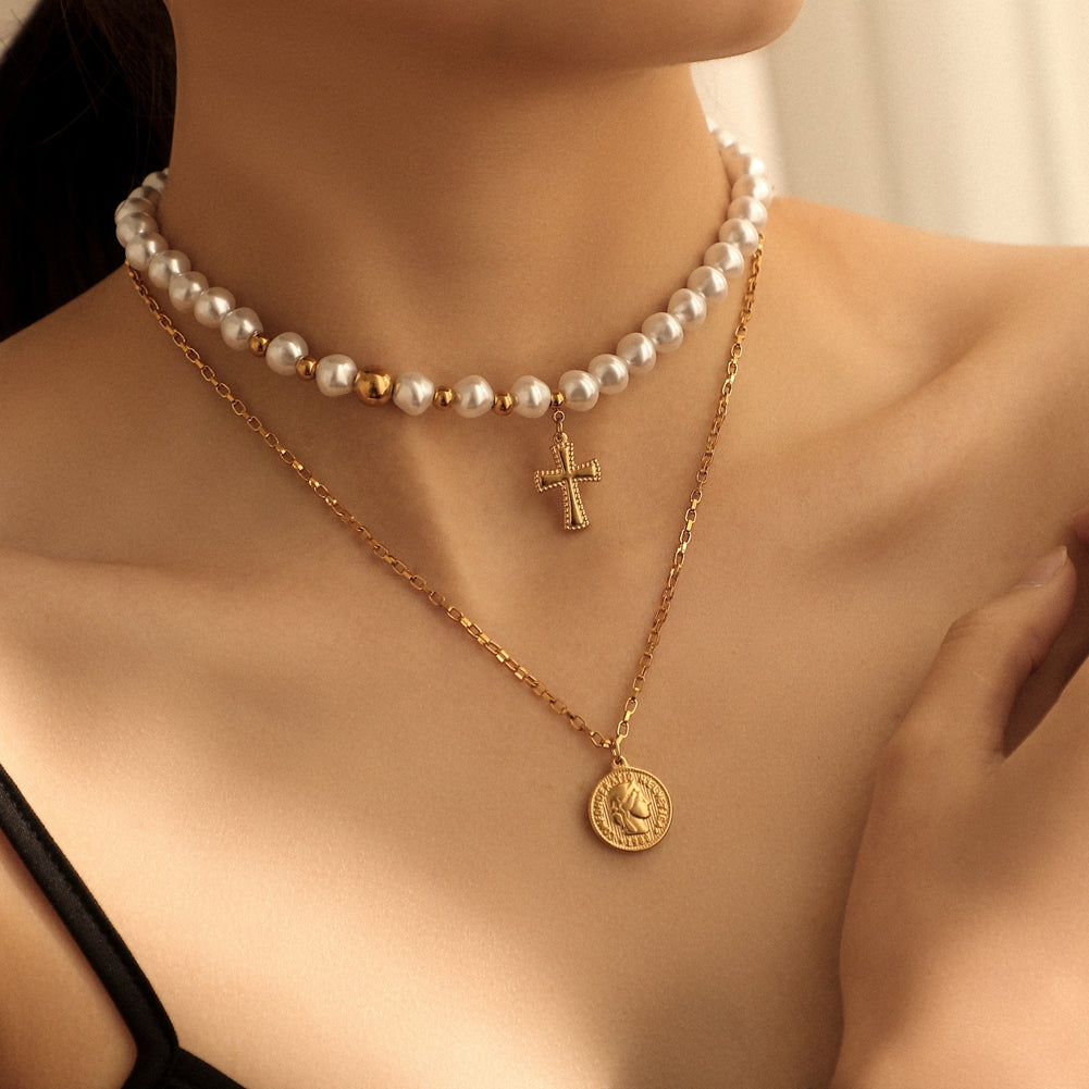 The Devout Layers Stainless Steel Pearl Cross Coin Necklace view 6