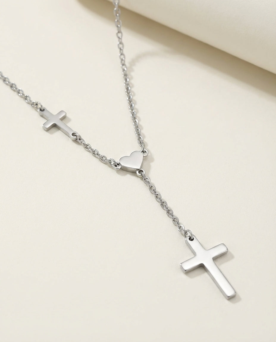The Devoted Heart - Silver Y-Necklace with Cross close-up detail - Bennett & Cross