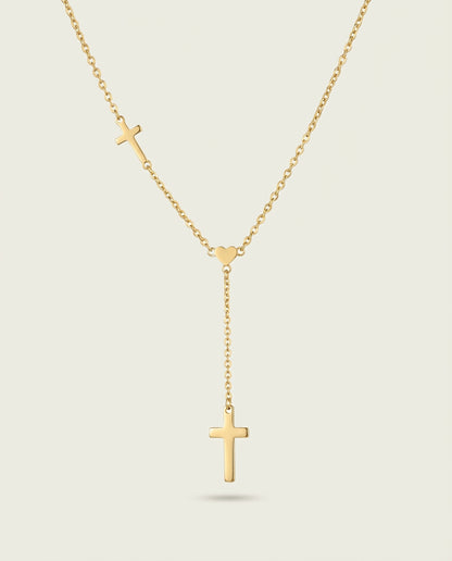The Devoted Heart - Silver Y-Necklace with Cross in Gold - Premium Religious Jewelry by Bennett & Cross