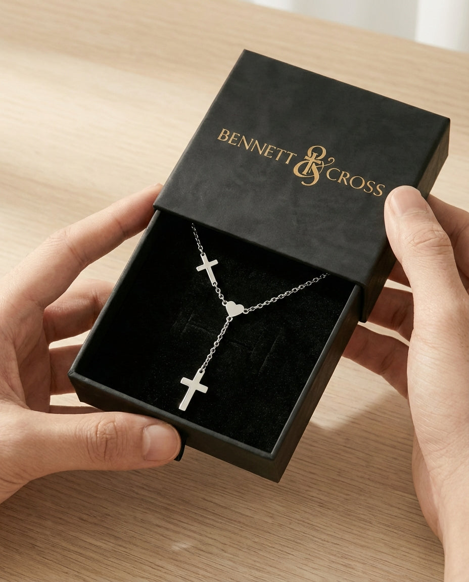 The Devoted Heart - Silver Y-Necklace with Cross in Bennett & Cross premium gift box