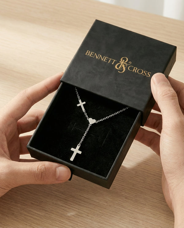 The Devoted Heart - Silver Y-Necklace with Cross in Bennett & Cross premium gift box