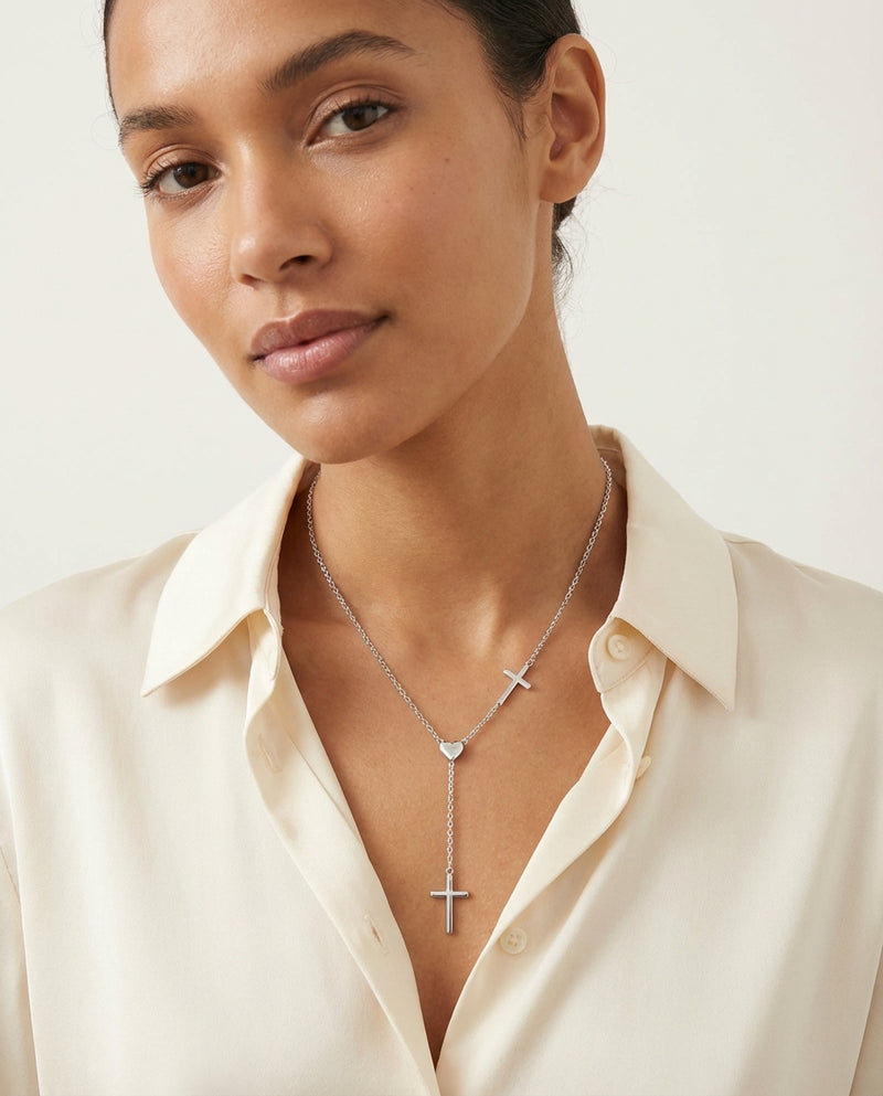The Devoted Heart - Silver Y-Necklace with Cross worn by model - Bennett & Cross