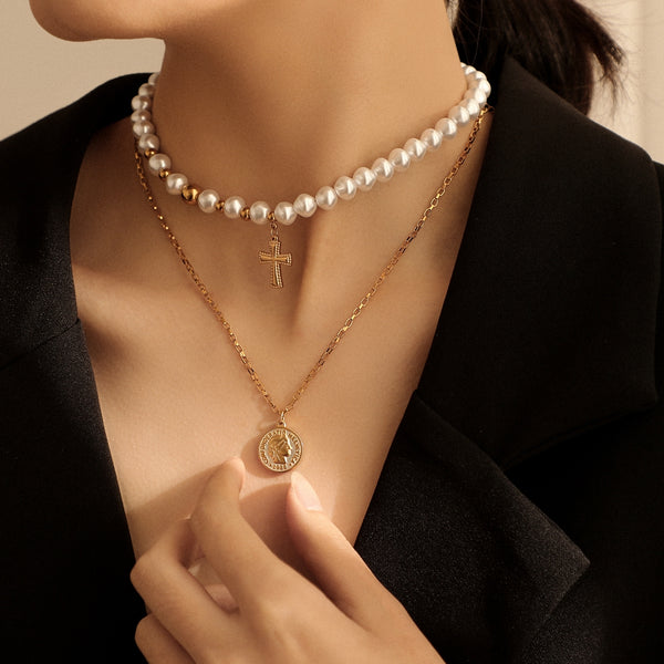 The Devout Layers Stainless Steel Pearl Cross Coin Necklace view 3