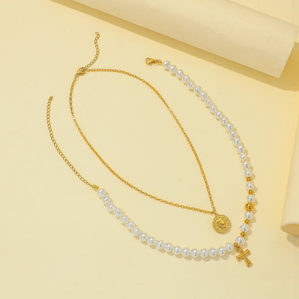 The Devout Layers Stainless Steel Pearl Cross Coin Necklace view 4 [orig] [hide]