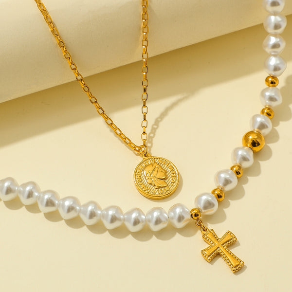 The Devout Layers Stainless Steel Pearl Cross Coin Necklace view 5 [orig] [hide]