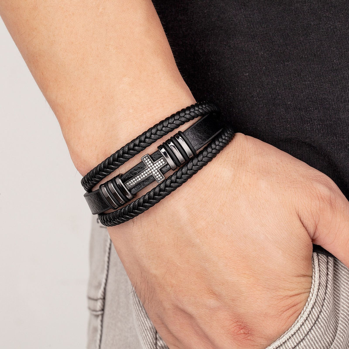 The Layered Devotion Leather Cross Bracelet view 8