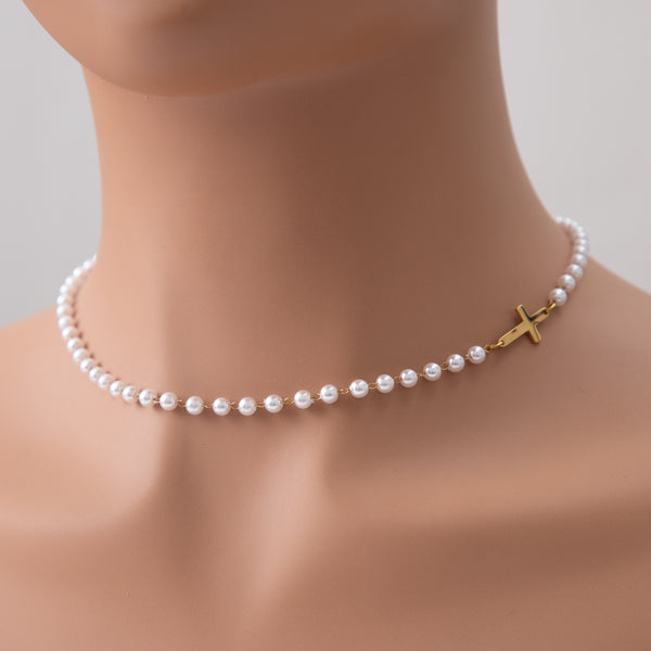 The Devout Pearl Faux Pearl Cross Necklace view 6