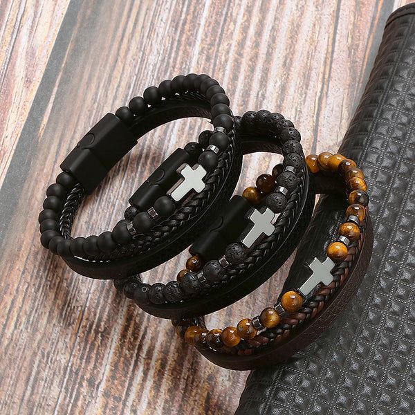 The Faithful Strands Men's natural stone cross bracelet view 2 [orig] [hide]
