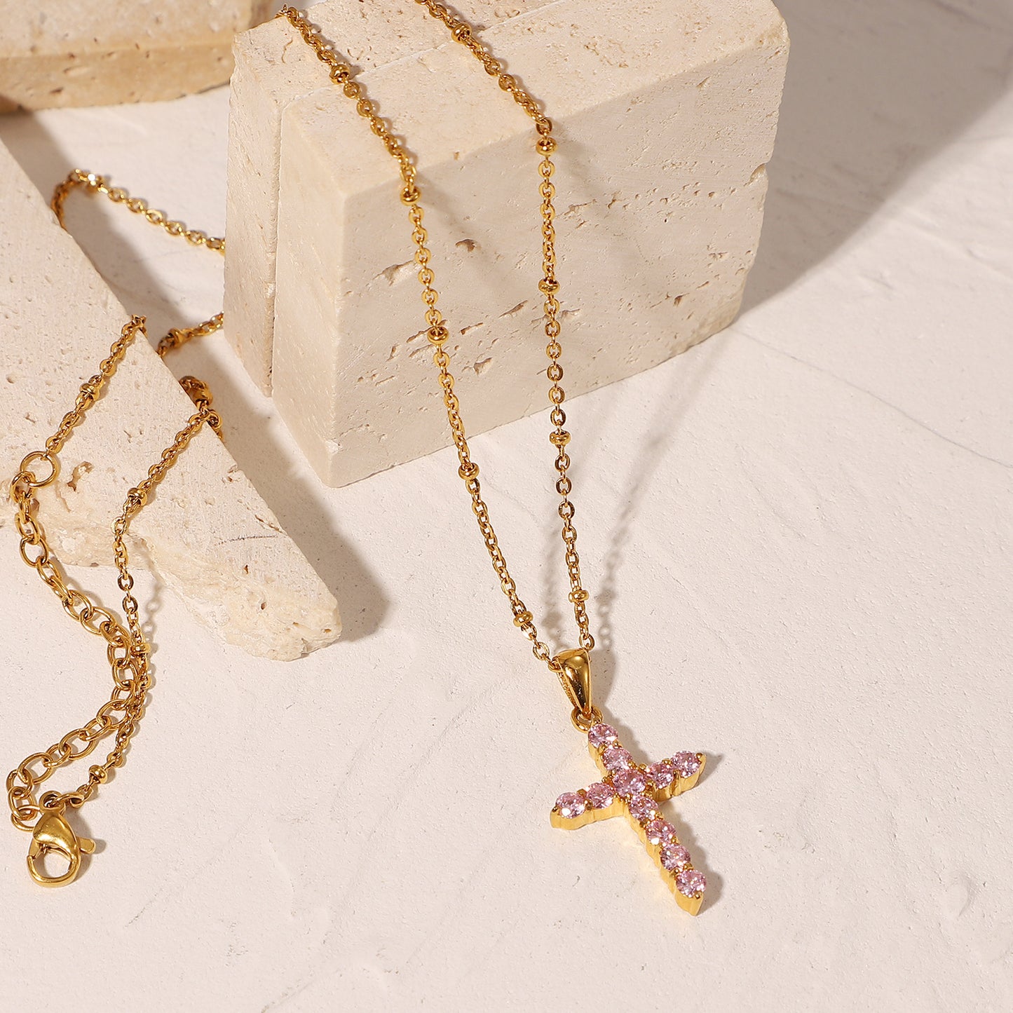 The Rose Grace - Gold Cross Necklace with Pink Crystals