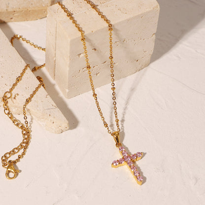 The Rose Grace - Gold Cross Necklace with Pink Crystals