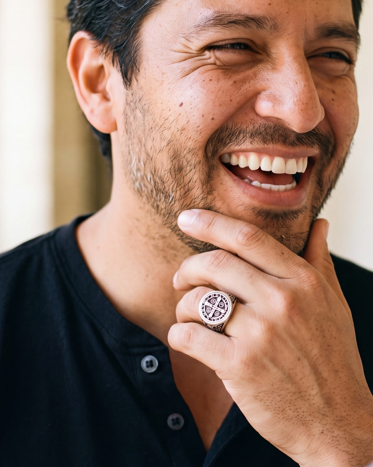 The Benedictine Ring on a man's hand, close-up, true to size [c:silver]