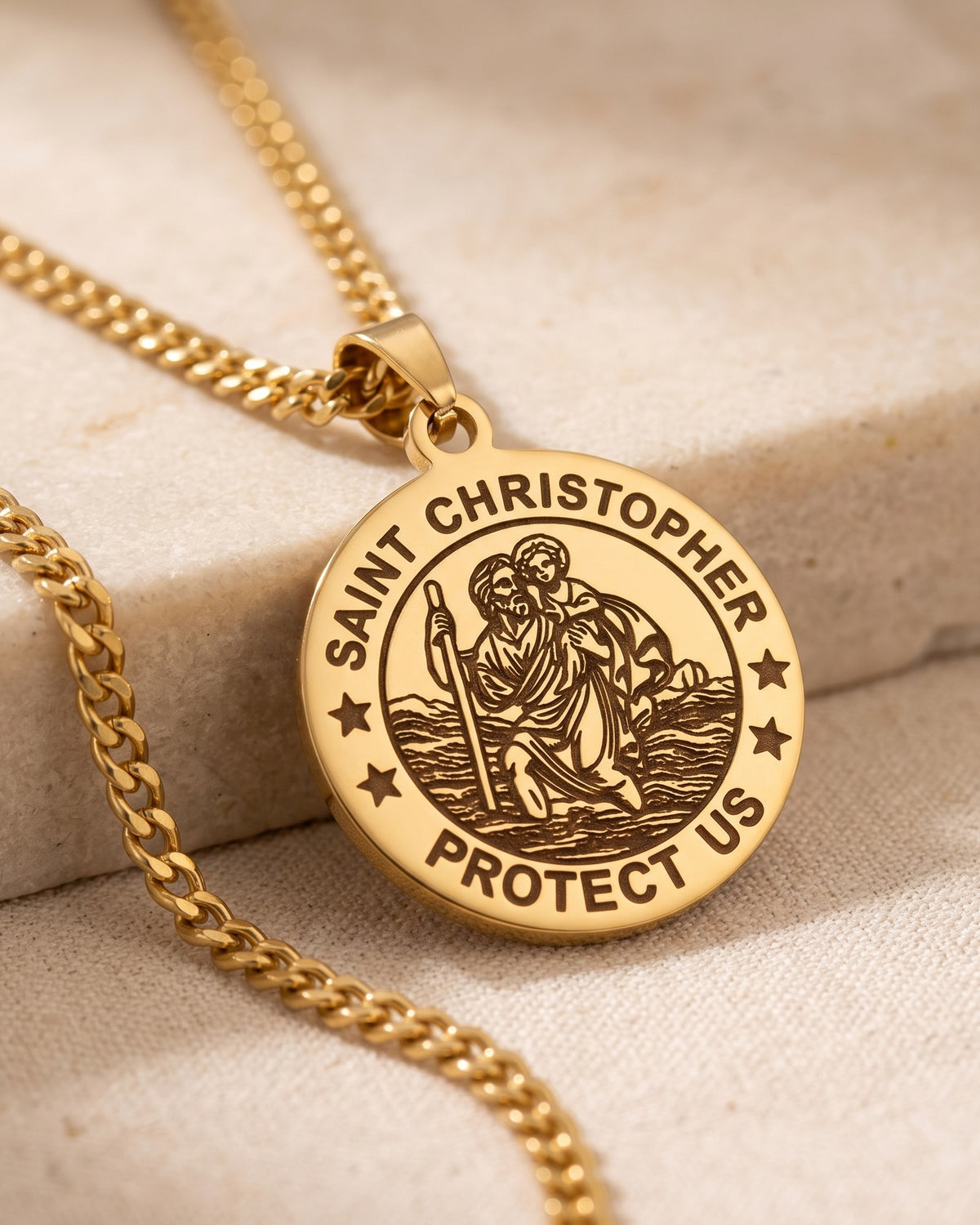 Close-up of The Christopher Coin medal, Saint Christopher Protect Us [c:gold]