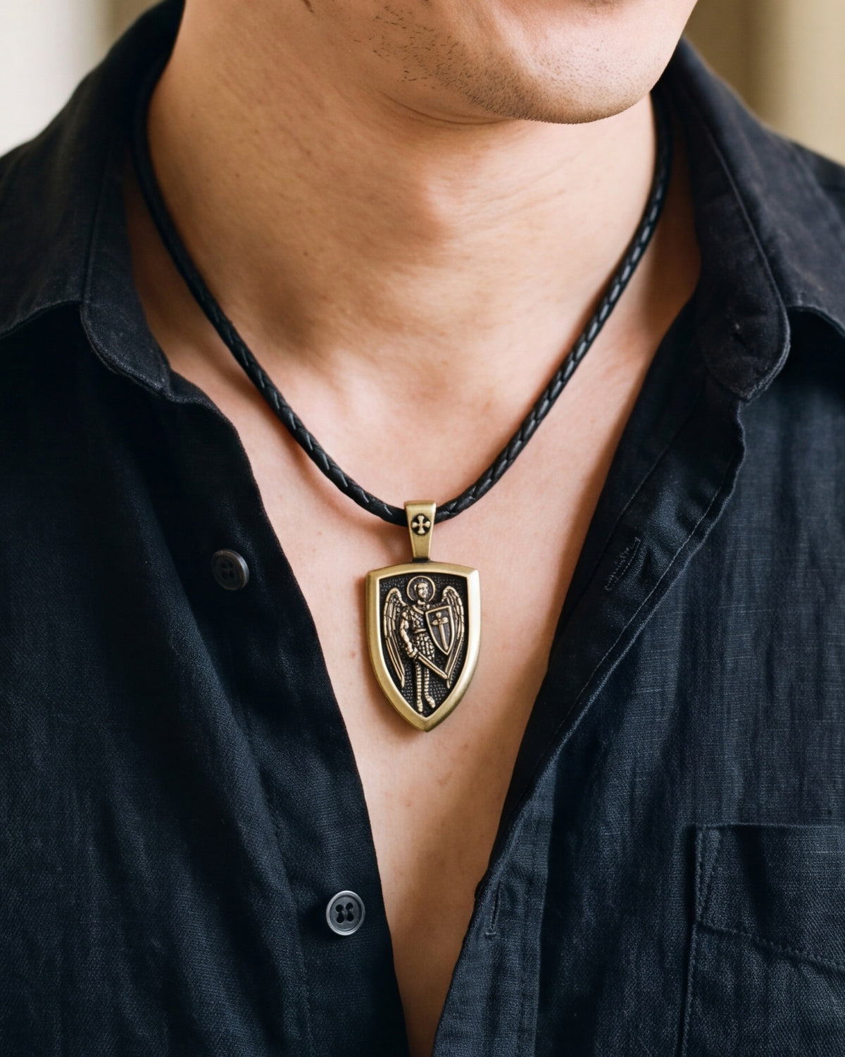 The bronze Archangel Michael Shield worn by a man, close-up, true to size [c:bronze]
