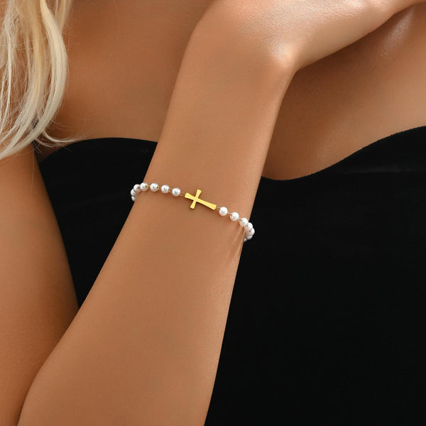 The Serene Strand imitation pearl cross bracelet view 2