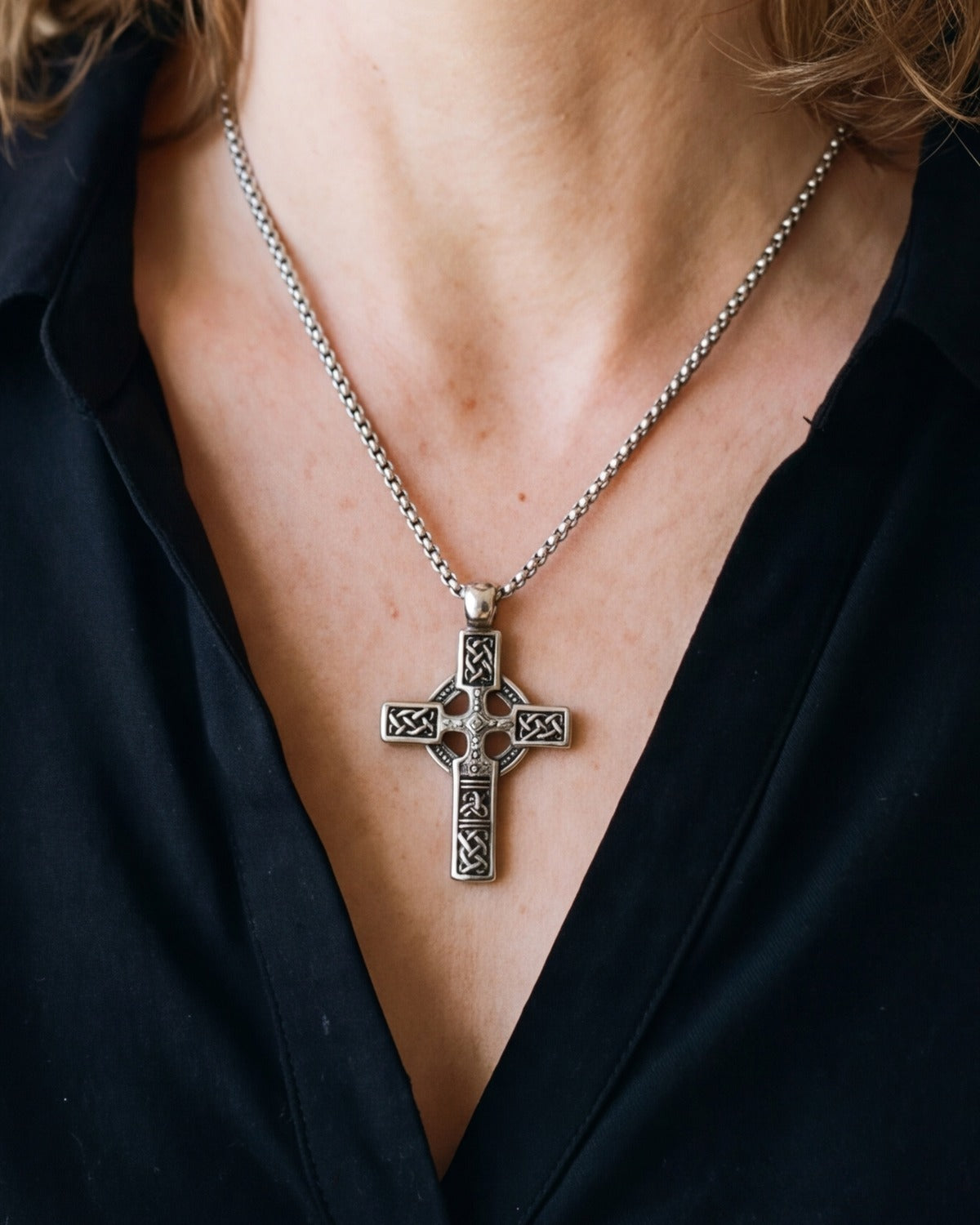 The antique silver Ancient Cross worn, close-up, true to size [c:antique-silver]