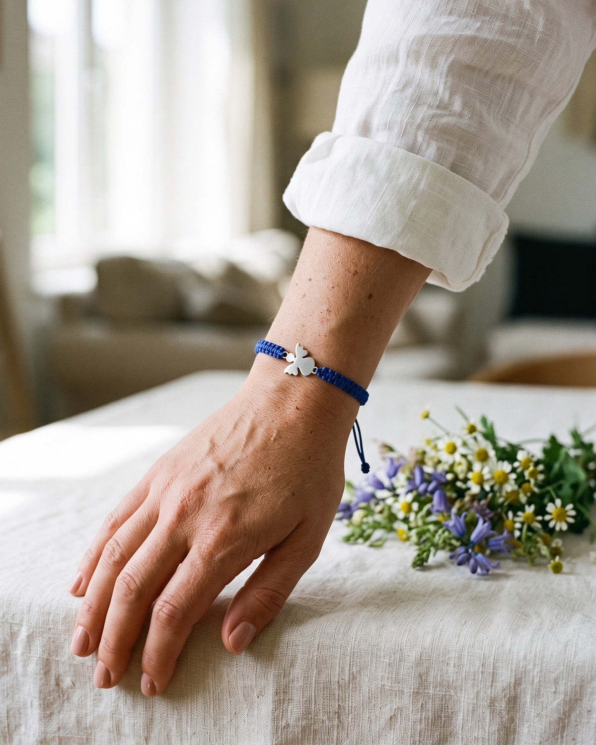 Woman wearing the blue Angelic Embrace