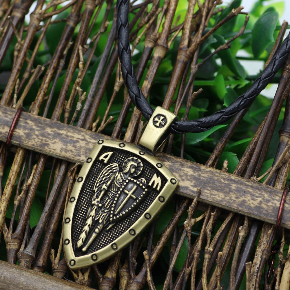 The Archangel Michael Shield, Saint Michael the Archangel Shield Pendant on Braided Cord, view 5