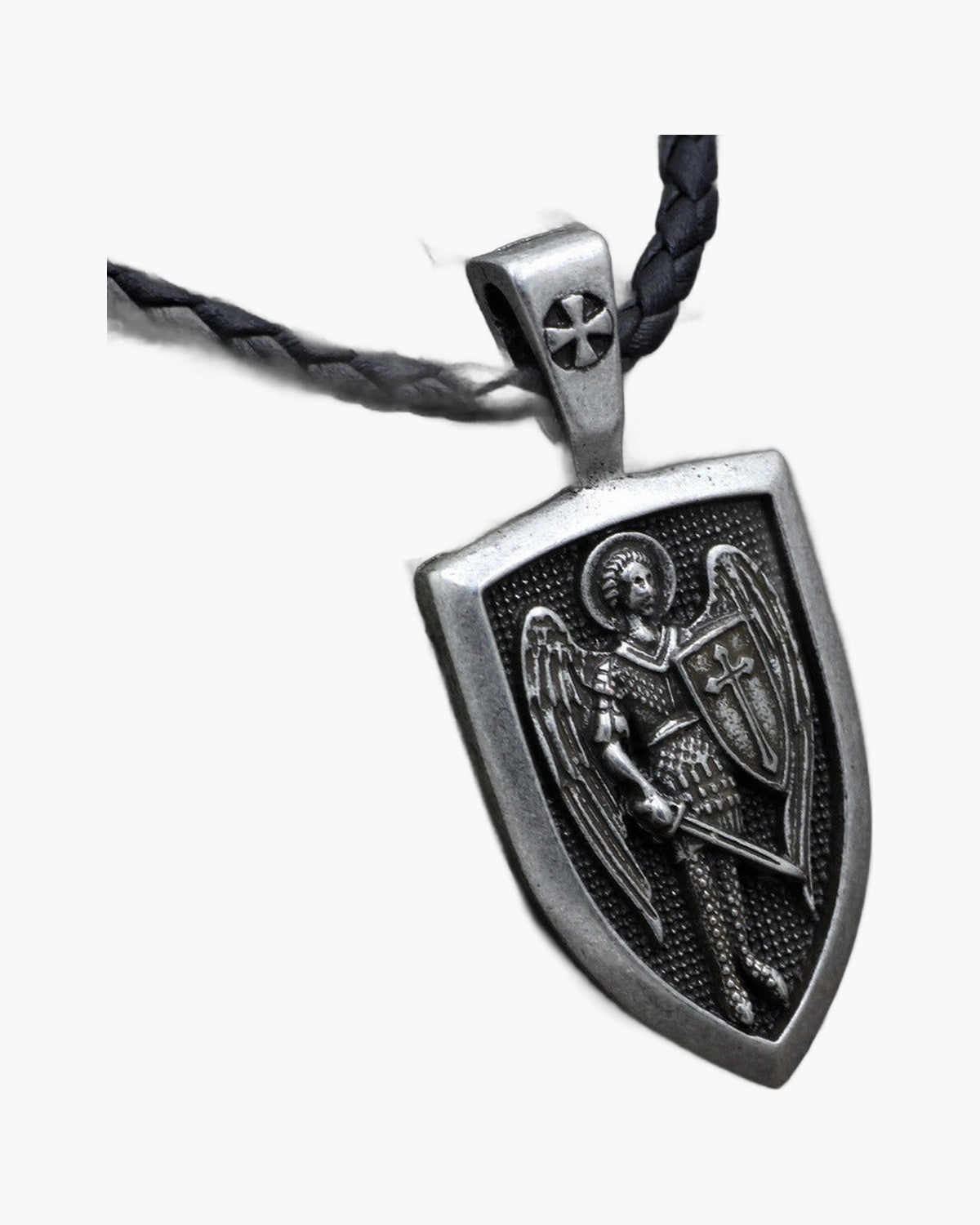 The Archangel Michael Shield, Saint Michael the Archangel Shield Pendant on Braided Cord, view 2