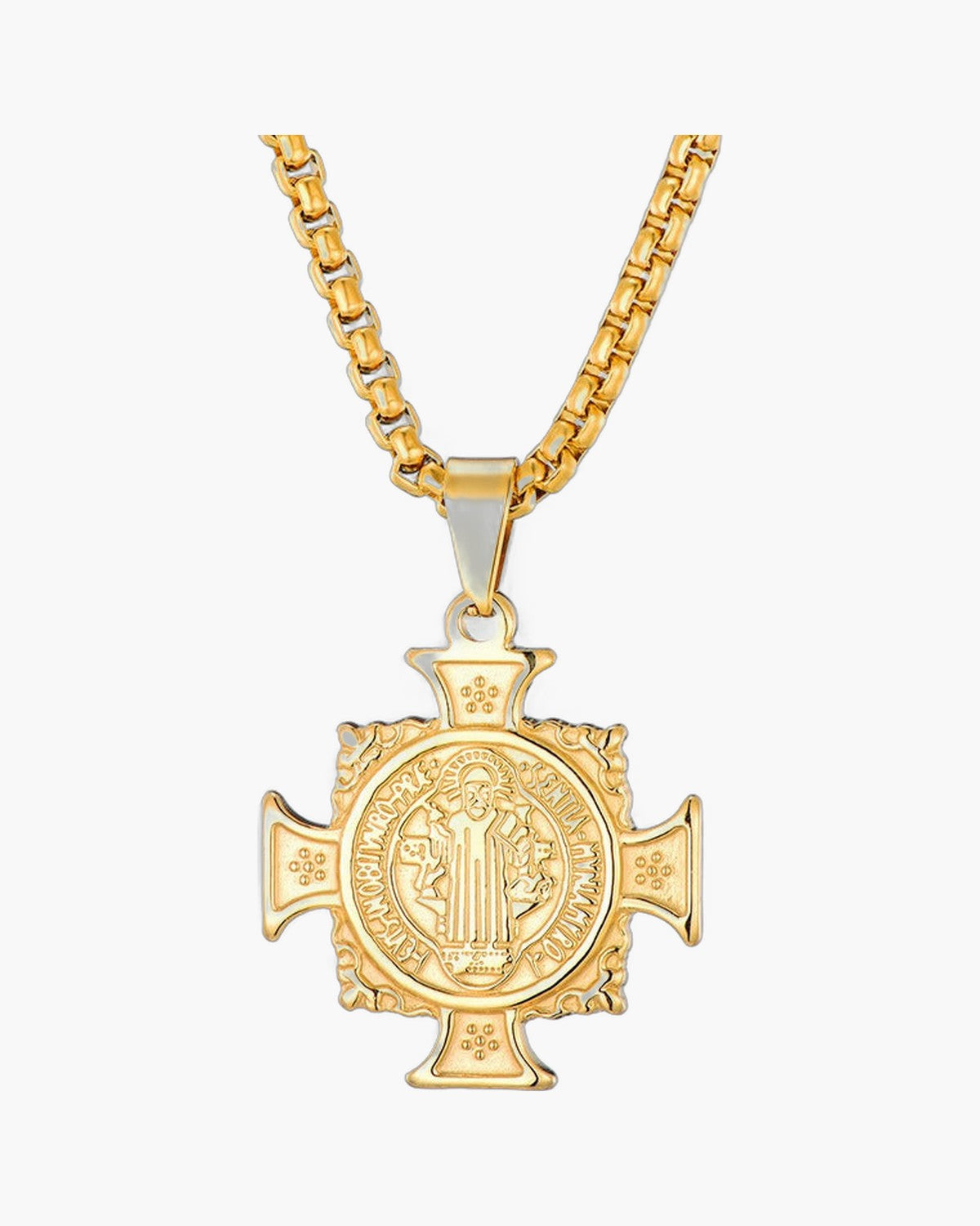 The Benedict Cross Medallion, Gold-Plated Stainless Steel Saint Benedict Cross Necklace, view 2