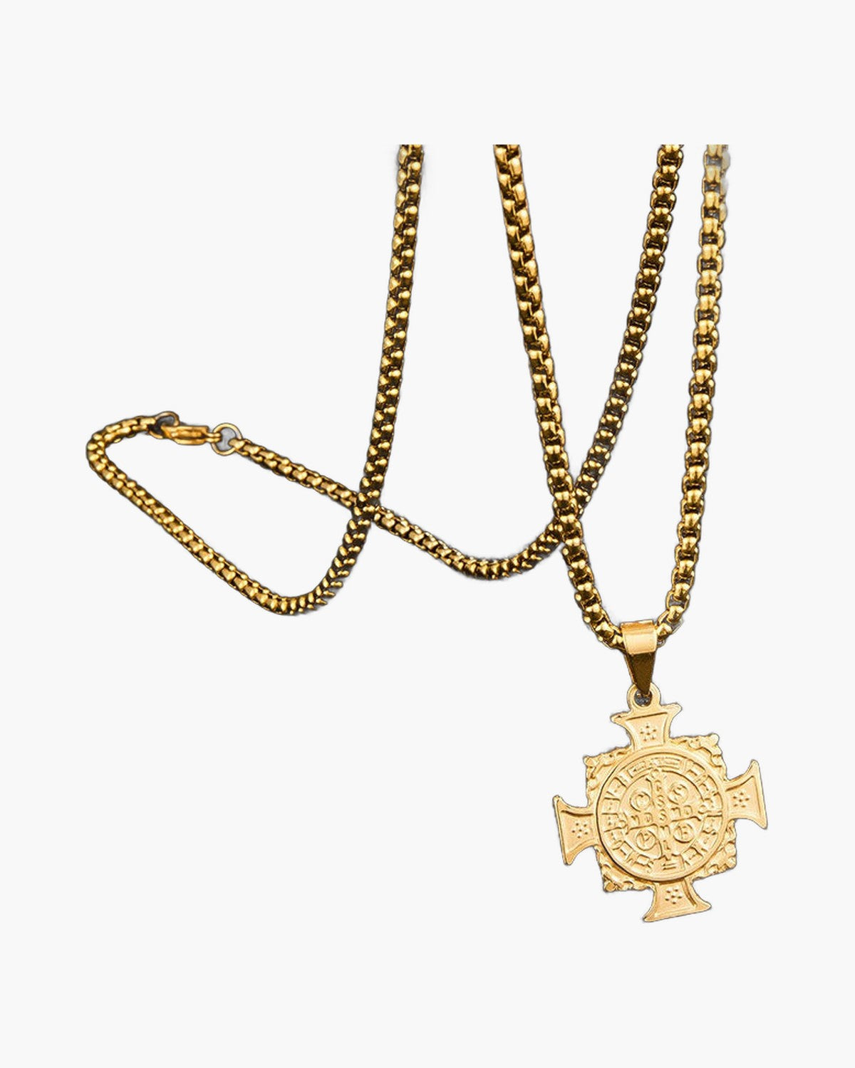 The Benedict Cross Medallion, Gold-Plated Stainless Steel Saint Benedict Cross Necklace, view 3