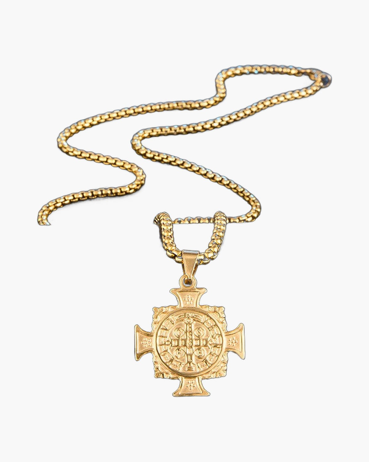 The Benedict Cross Medallion, Gold-Plated Stainless Steel Saint Benedict Cross Necklace, view 4