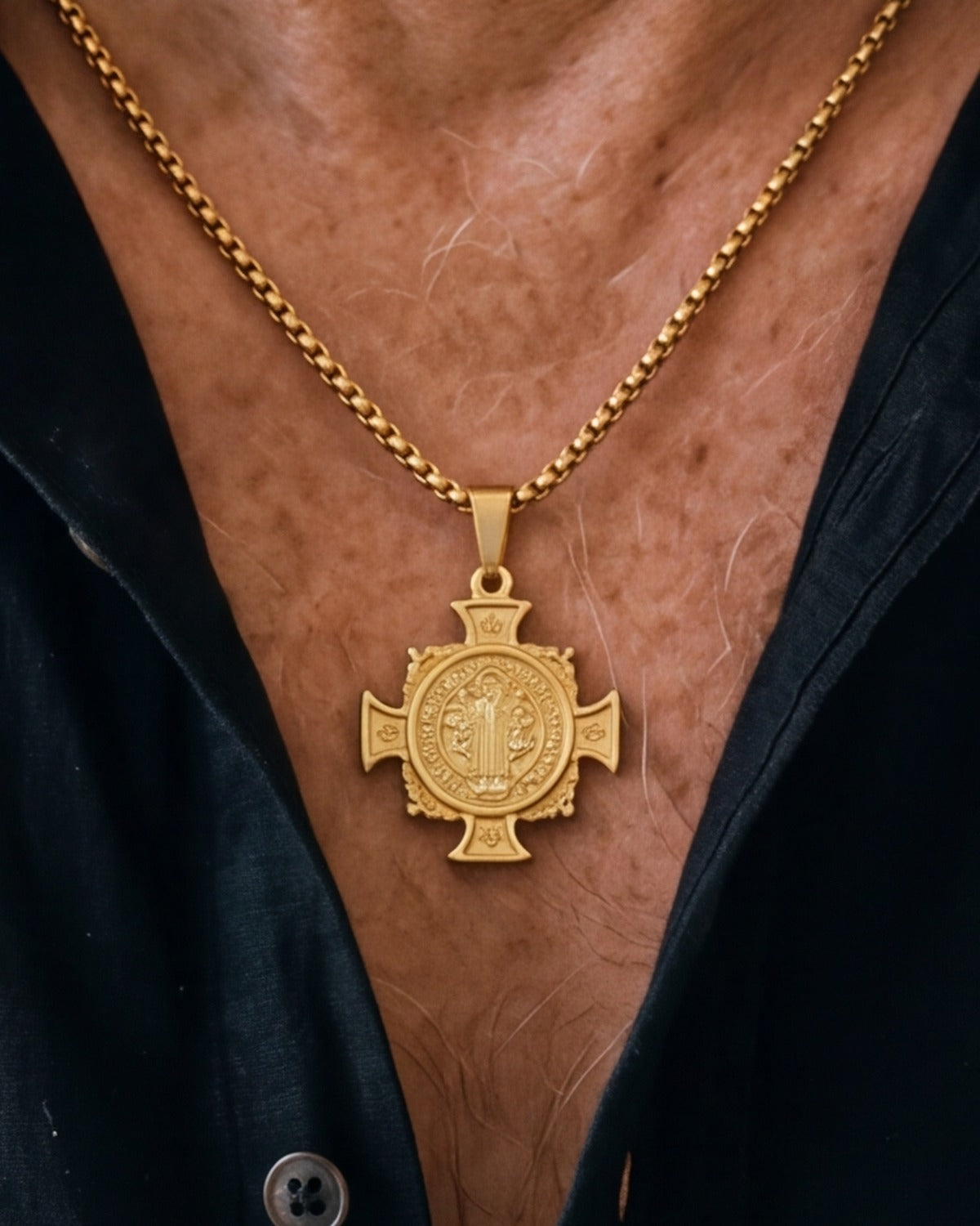 The gold Benedict Cross Medallion worn, close-up, true to size [c:gold]