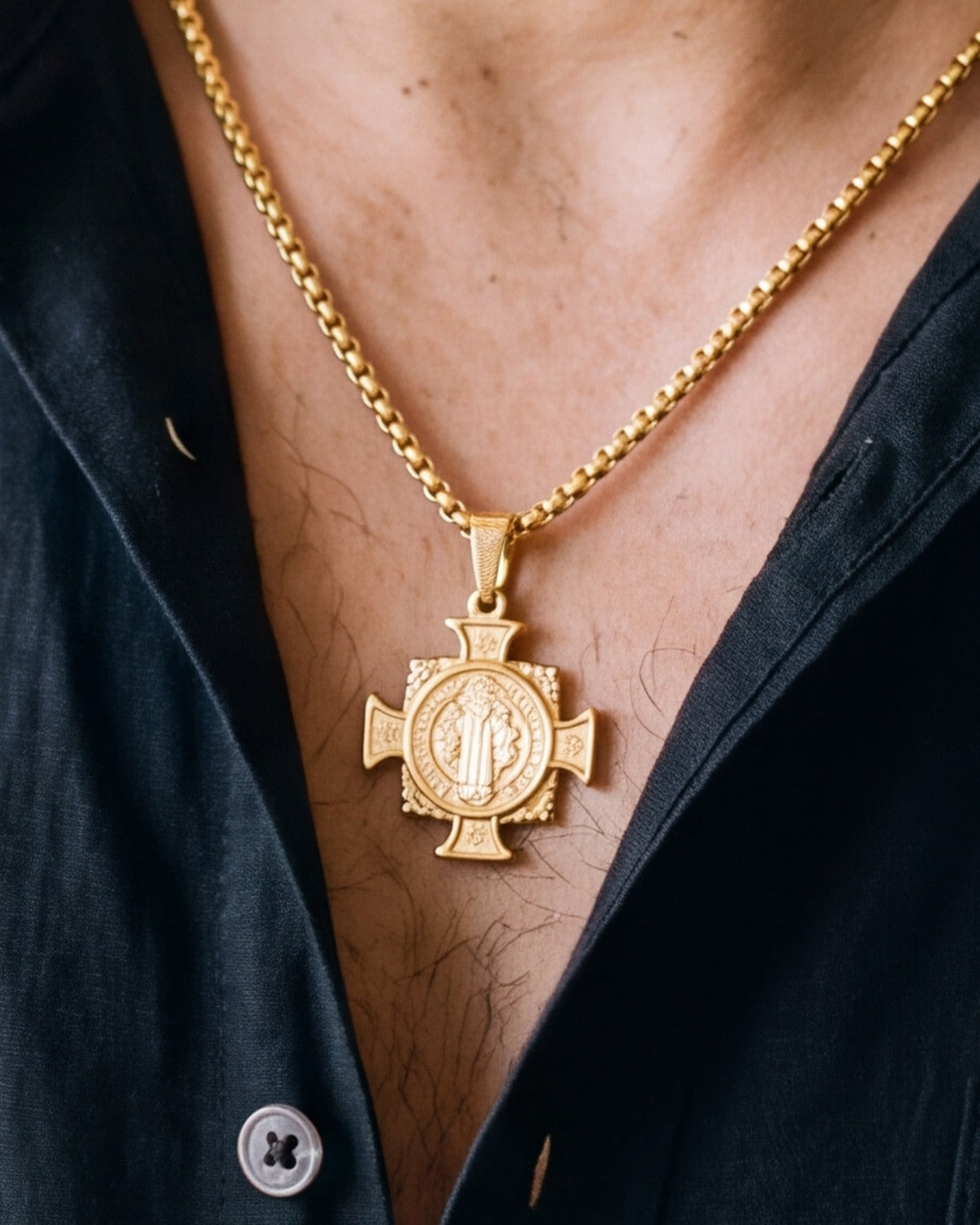 The Benedict Cross Medallion worn by a man, close-up, true to size [c:gold]
