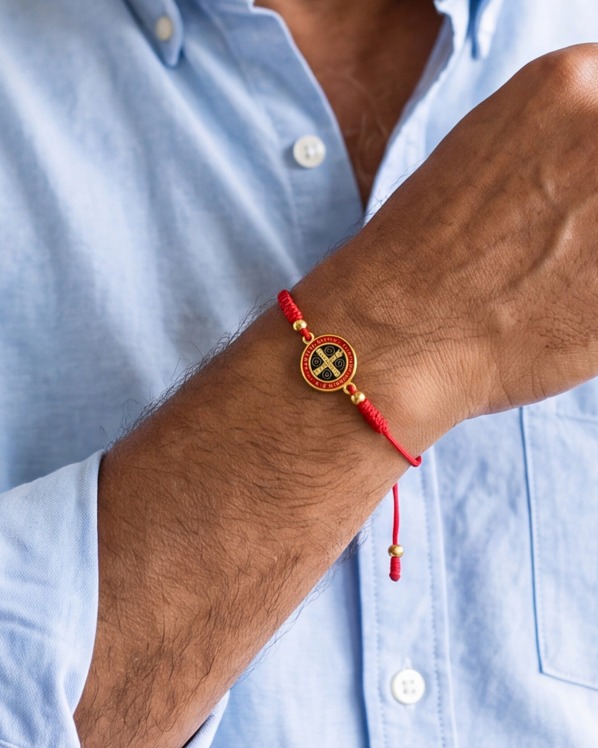 The Benedict Red Cord worn by a man, close-up, true to size